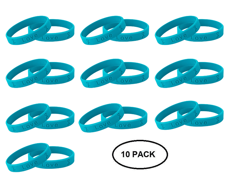 10 Pack of Teal Silicone Bracelets for Ovarian Cancer, PTSD, Rape - The Awareness Company