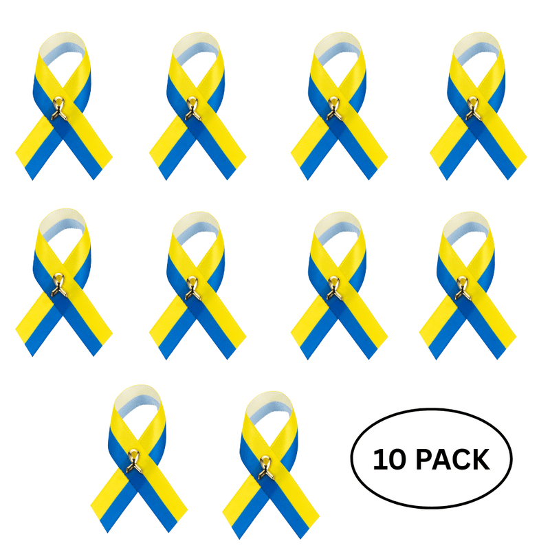 10 Pack Satin Blue & Yellow Ribbon Pins - The Awareness Company