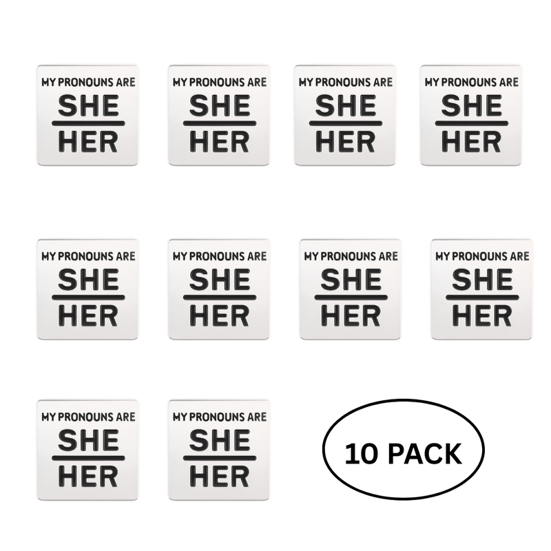10 Pack Silver My Pronouns Are She Her Pins - The Awareness Company