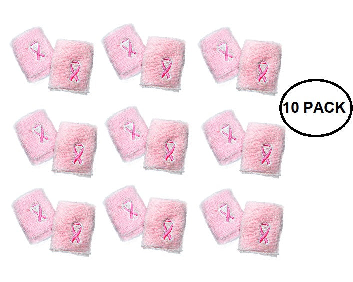 10 Pack Pink Ribbon Sport Sweat Wristbands