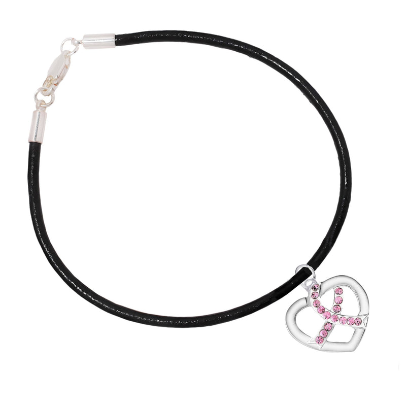 Crystal Pink Ribbon Heart Charm Leather Cord Bracelets - The Awareness Company