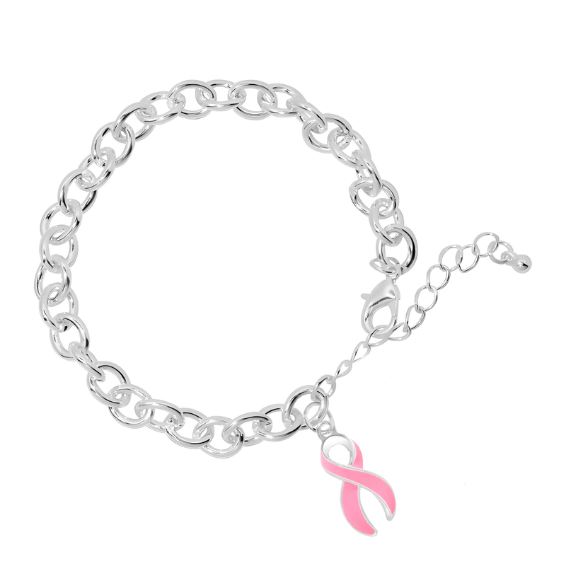 Large Pink Ribbon Breast Cancer Awareness Chunky Charm Bracelets - The Awareness Company