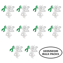 Load image into Gallery viewer, Bulk Pack Angel By My Side Green Ribbon Pins - The Awareness Company