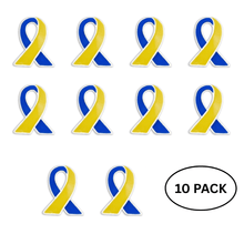 Load image into Gallery viewer, 10 Pack Blue &amp; Yellow Ribbon Lapel Pins - The Awareness Company