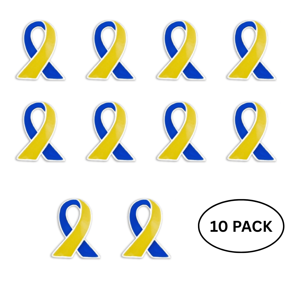 10 Pack Blue & Yellow Ribbon Lapel Pins - The Awareness Company