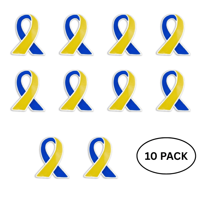10 Pack Blue & Yellow Ribbon Lapel Pins - The Awareness Company