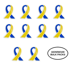 Load image into Gallery viewer, Bulk Pack Blue &amp; Yellow Ribbon Lapel Pins - The Awareness Company