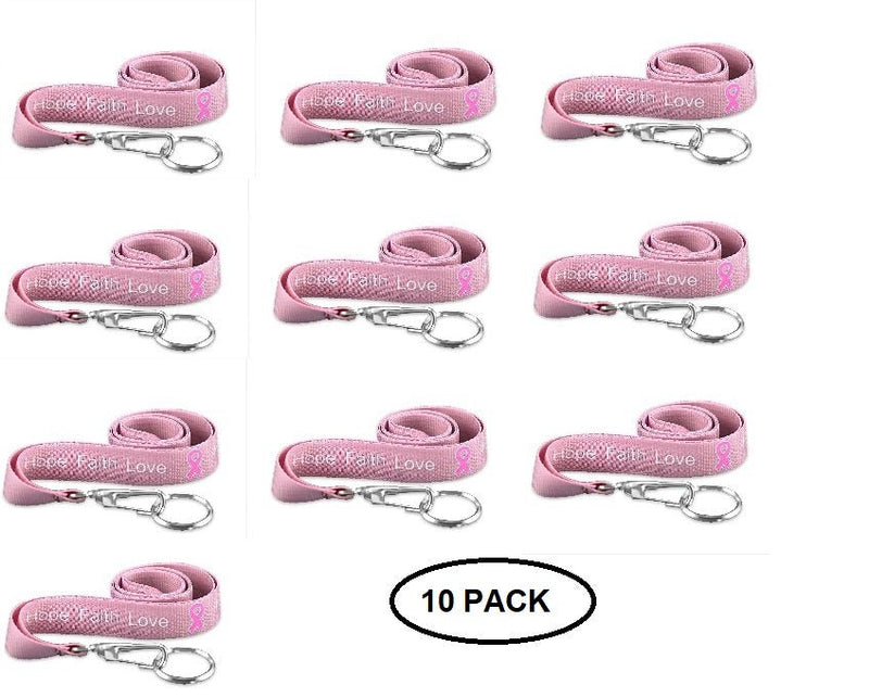 10 Pack Breast Cancer Pink Ribbon Hope Faith Love Lanyards - The Awareness Company