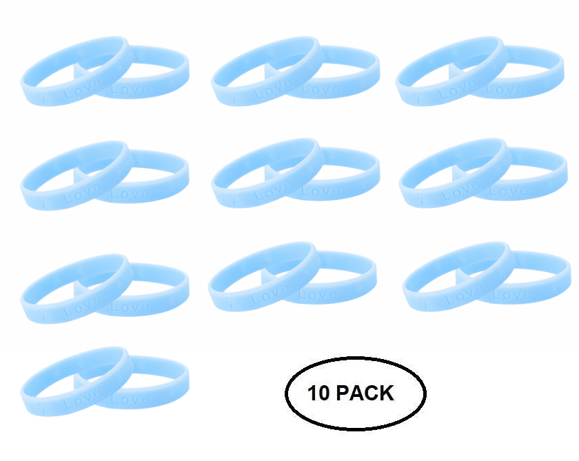 10 Pack of Light Blue Silicone Bracelets for Prostate Cancer, Graves Disease - The Awareness Company
