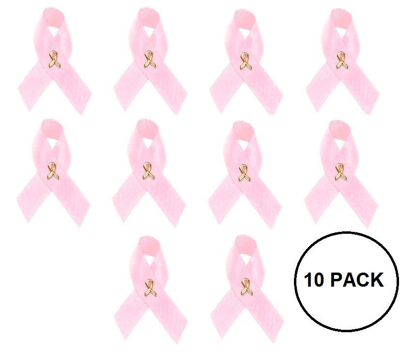 10 Pack of Satin Pink Ribbon Breast Cancer Pins - The Awareness Company