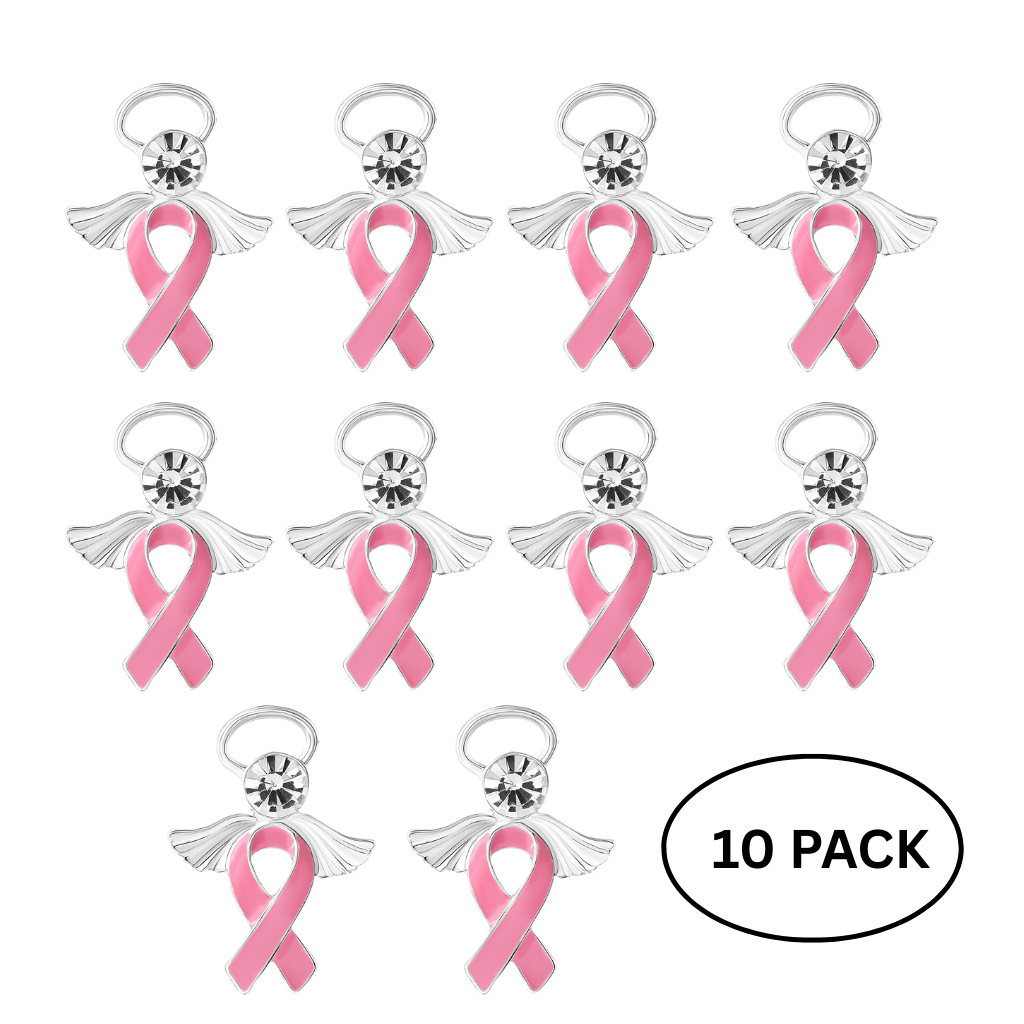 10 Pack Pink Breast Cancer Ribbon Angel Pins - The Awareness Company