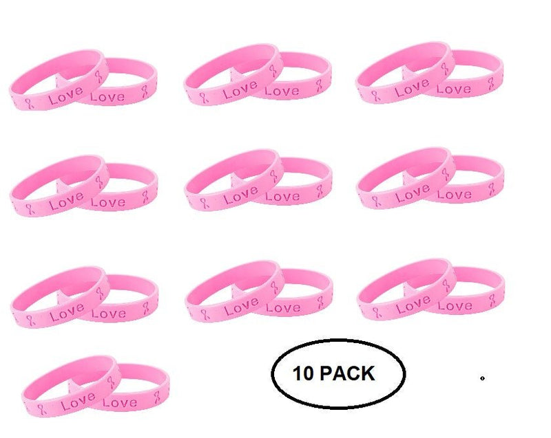 10 Pack Pink Ribbon Breast Cancer Silicone Bracelets - The Awareness Company