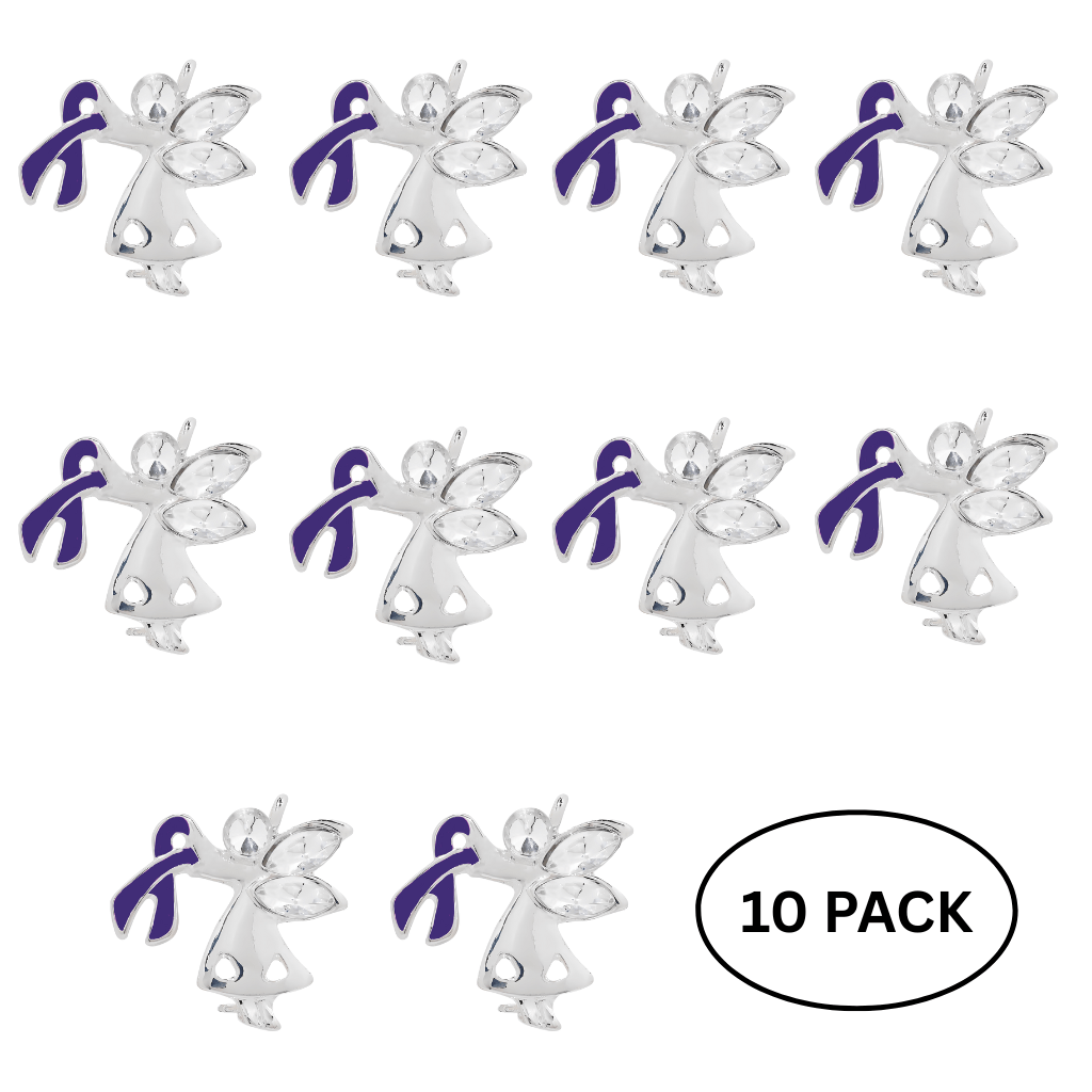 10 Pack Purple Ribbon Angel By My Side Pins - The Awareness Company