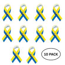 Load image into Gallery viewer, 10 Pack Satin Blue &amp; Yellow Ribbon Pins - The Awareness Company
