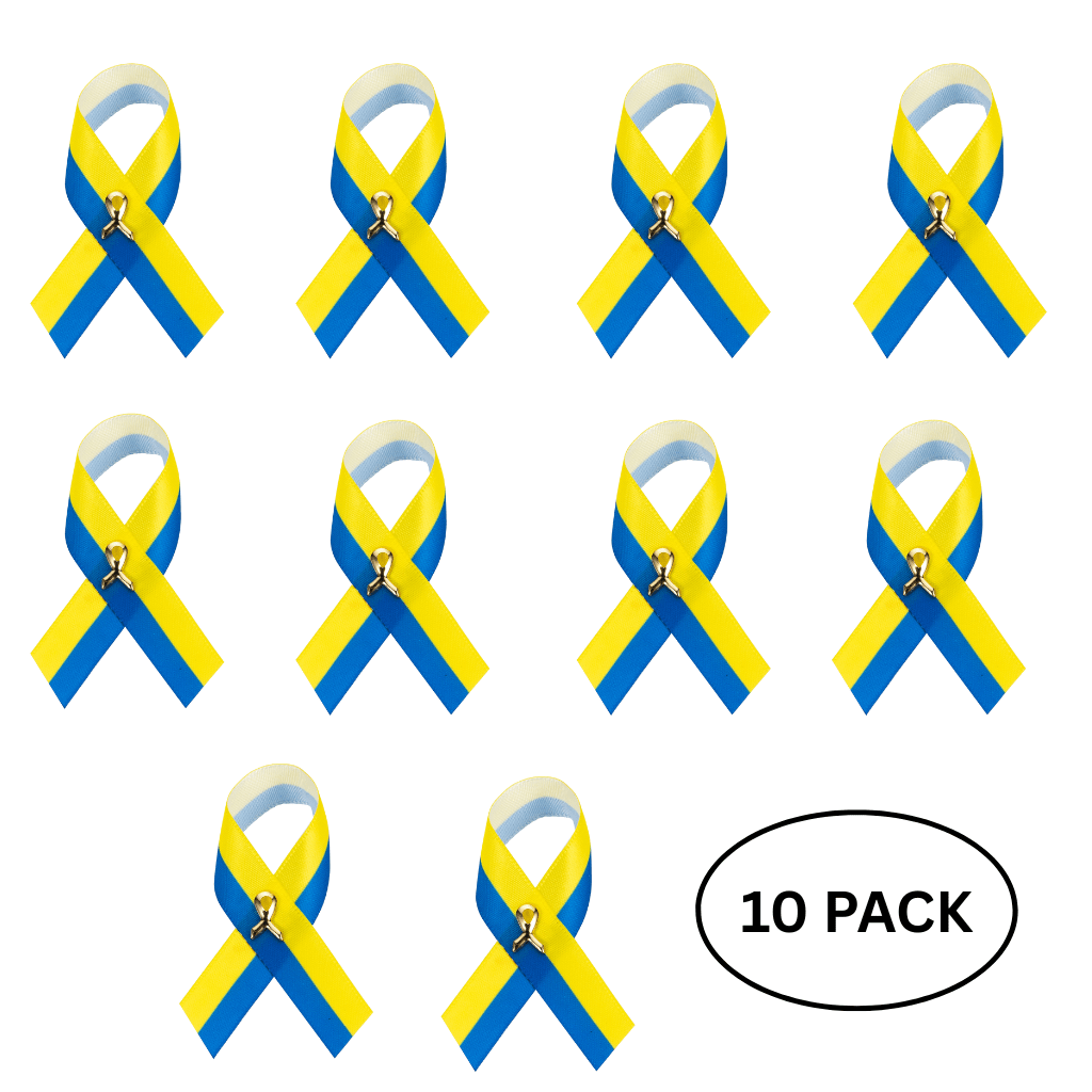 10 Pack Satin Blue & Yellow Ribbon Pins - The Awareness Company