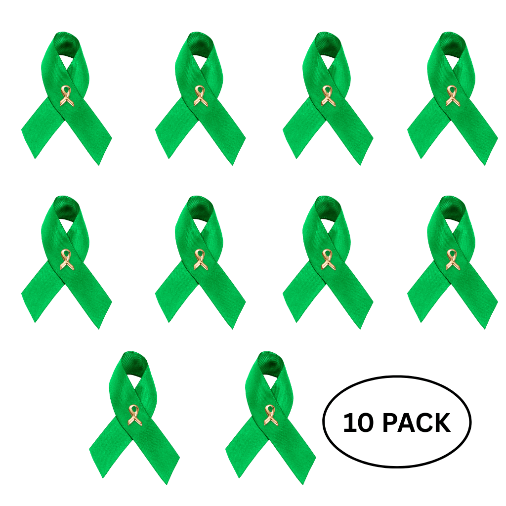 10 Pack Satin Green Ribbon Pins - The Awareness Company