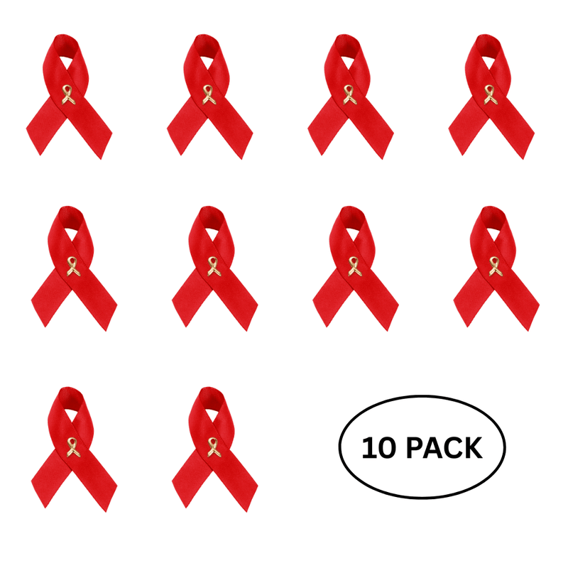 10 Pack Satin Red Ribbon Awareness Pins - The Awareness Company