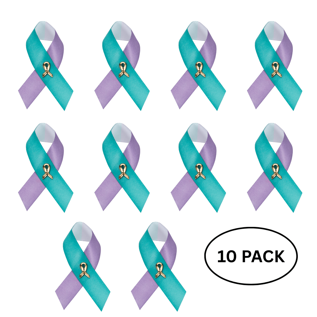 10 Pack Satin Teal & Purple Ribbon Pins for Suicide & Sexual Assault - The Awareness Company