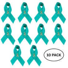 Load image into Gallery viewer, 10 Pack Satin Teal Ribbon Pins for Ovarian Cancer, PTSD, Rape - The Awareness Company