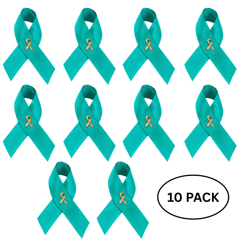 10 Pack Satin Teal Ribbon Pins for Ovarian Cancer, PTSD, Rape - The Awareness Company