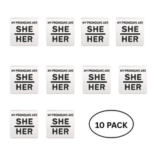 Load image into Gallery viewer, 10 Pack Silver My Pronouns Are She Her Pins - The Awareness Company
