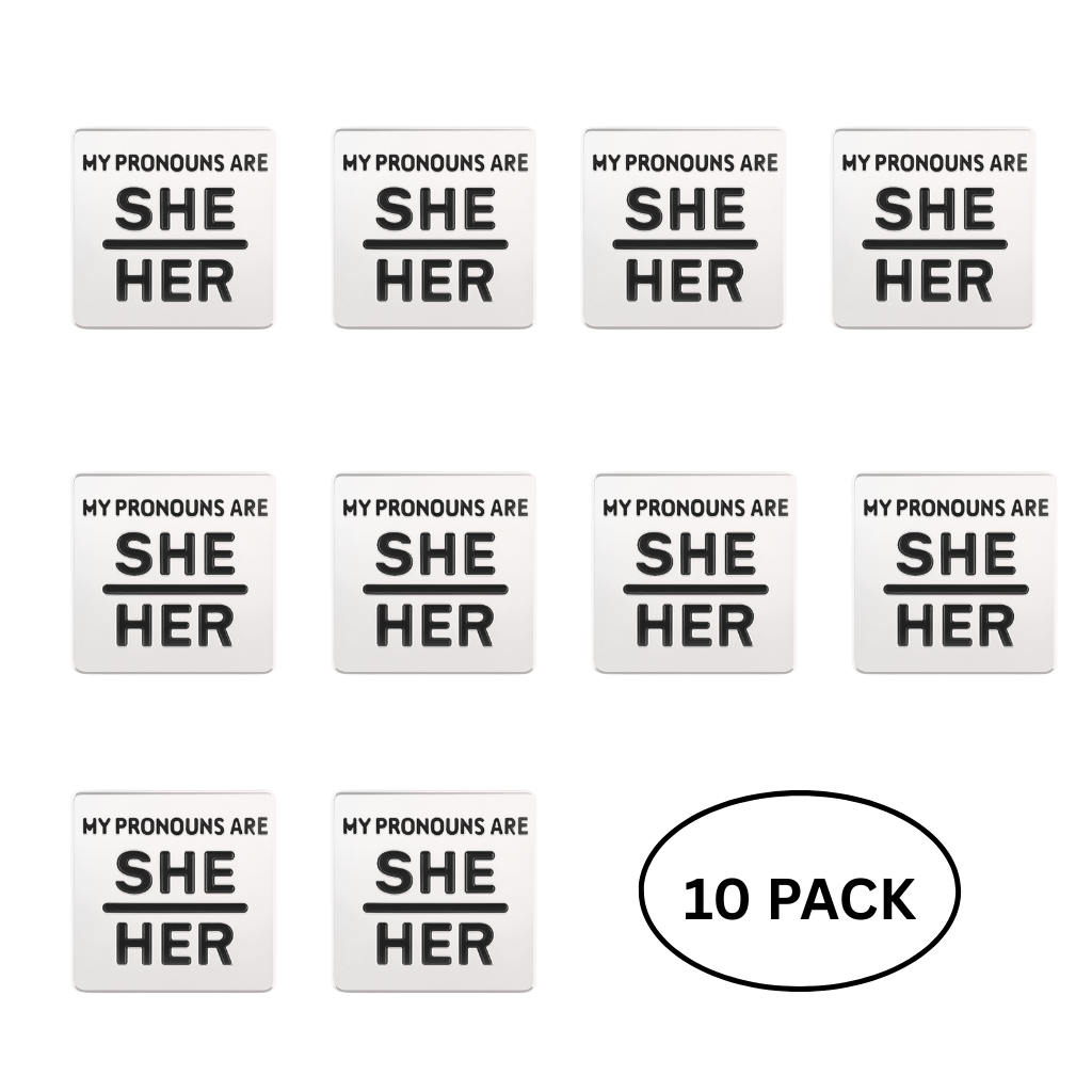 10 Pack Silver My Pronouns Are She Her Pins - The Awareness Company