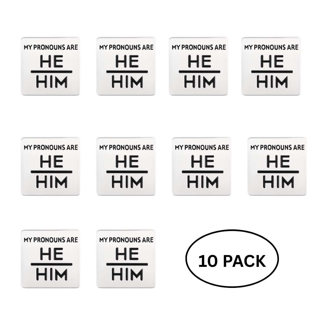 10 Pack Silver Square My Pronouns Are He Him Pins - The Awareness Company