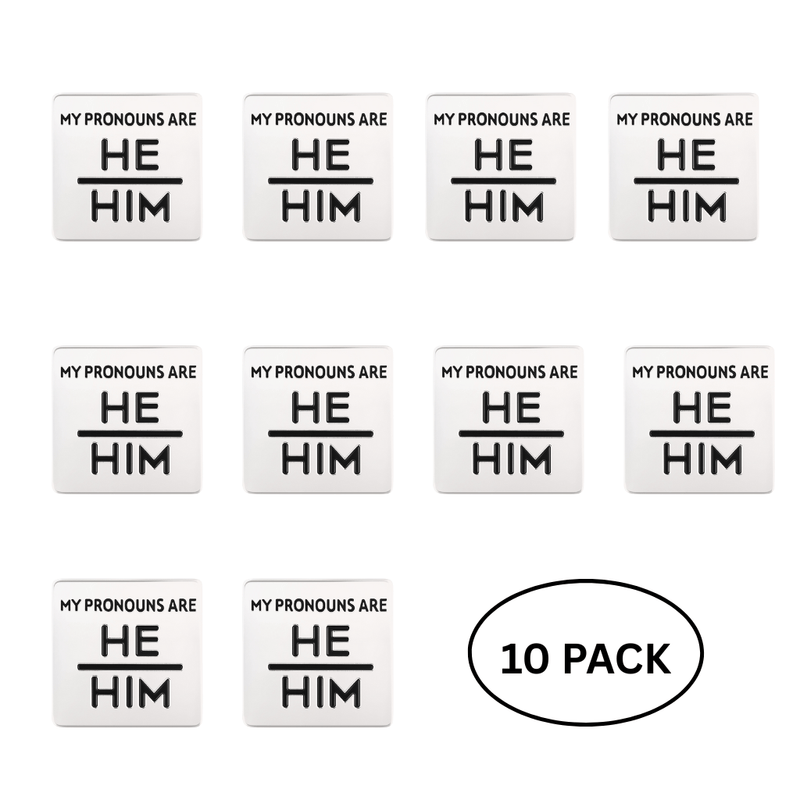 10 Pack Silver Square My Pronouns Are He Him Pins - The Awareness Company