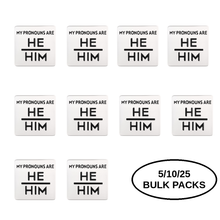 Load image into Gallery viewer, Bulk Pack Silver Square My Pronouns Are He Him Pins - The Awareness Company