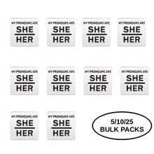 Load image into Gallery viewer, Bulk Pack Silver My Pronouns Are She Her Pins - The Awareness Company
