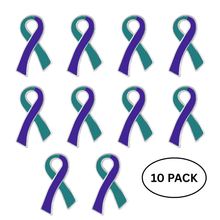 Load image into Gallery viewer, 10 Pack Teal &amp; Purple Ribbon Pins for Suicide &amp; Sexual Assault - The Awareness Company