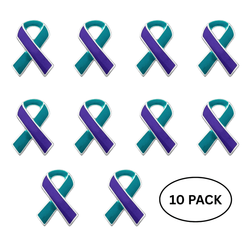 10 Pack Teal & Purple Ribbon Pins for Suicide, Sexual Assault Awareness - The Awareness Company