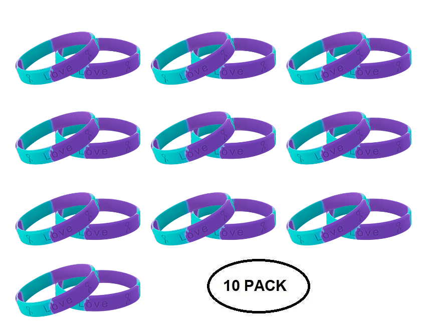 10 Pack Teal & Purple Silicone Bracelets for Suicide, Sexual Assault Awareness - The Awareness Company