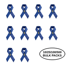 Load image into Gallery viewer, Bulk Pack Dark Blue Satin Ribbon Awareness Pins - The Awareness Company