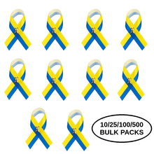 Load image into Gallery viewer, Bulk Pack Satin Blue &amp; Yellow Ribbon Pins - The Awareness Company