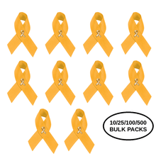 Load image into Gallery viewer, Bulk Pack Satin Gold Ribbon Awareness Pins - The Awareness Company