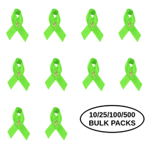 Load image into Gallery viewer, Bulk Pack Satin Lime Green Awareness Ribbon Pins - The Awareness Company