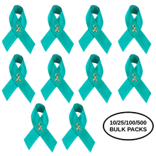 Load image into Gallery viewer, Bulk Pack Satin Teal Ribbon Pins for Ovarian Cancer, PTSD, Rape - The Awareness Company