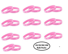Load image into Gallery viewer, 10/25/50/100 Pack Pink Ribbon Breast Cancer Silicone Bracelets - The Awareness Company