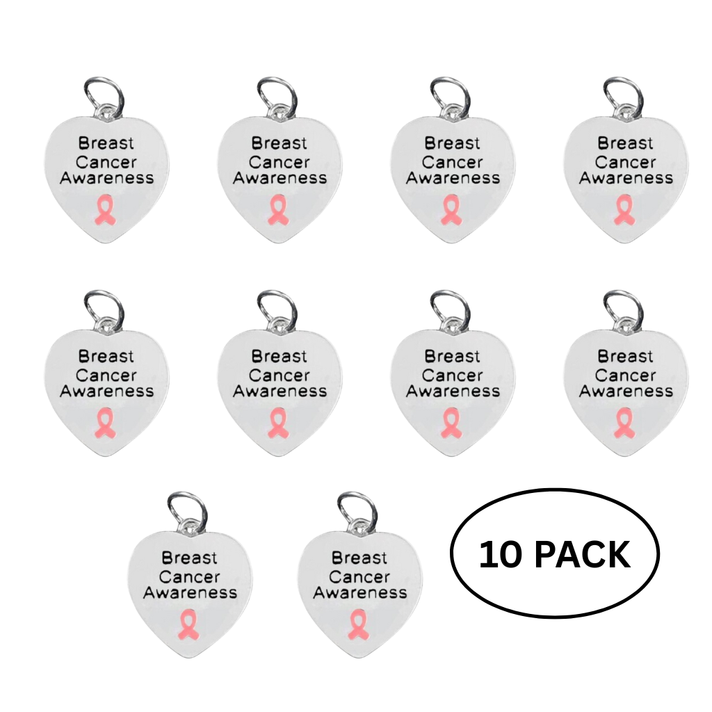 10 Pack Breast Cancer Awareness Heart Charms