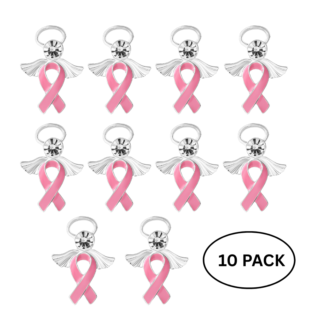 10 Pack Pink Breast Cancer Ribbon Angel Pins