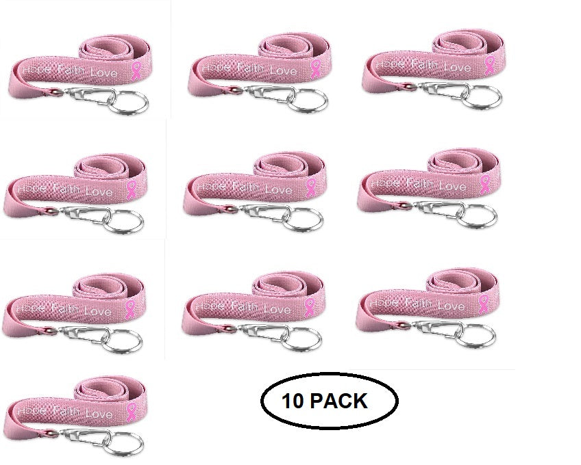 10 Pack Breast Cancer Pink Ribbon Hope Faith Love Lanyards