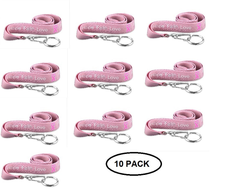 10 Pack Breast Cancer Pink Ribbon Hope Faith Love Lanyards