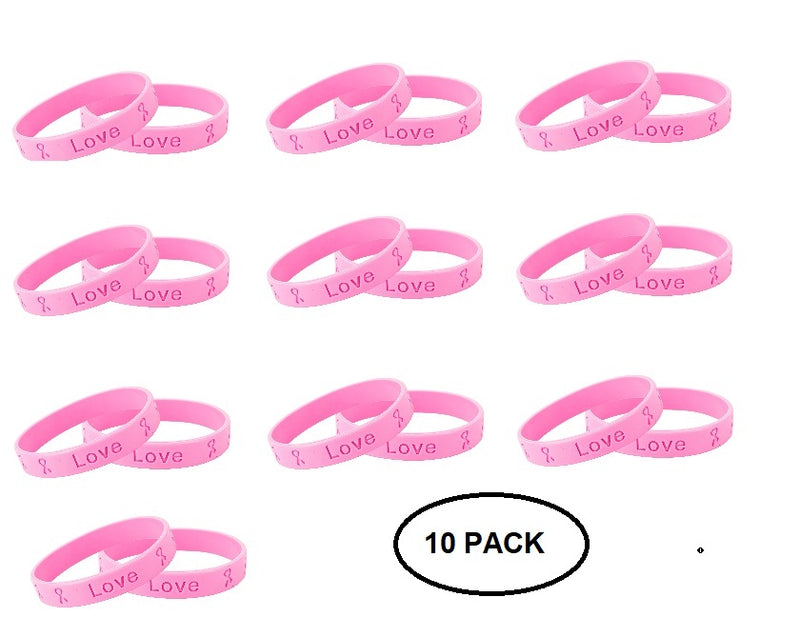 10 Pack Pink Ribbon Breast Cancer Silicone Bracelets