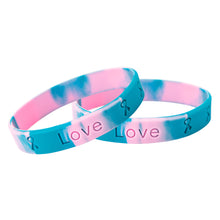 Load image into Gallery viewer, Bulk Child Size Pink &amp; Teal Ribbon Silicone Bracelet Wristbands for Hereditary Breast Cancer