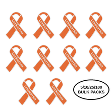 Load image into Gallery viewer, Bulk Pack Orange Leukemia Awareness Ribbon Pins - The Awareness Company