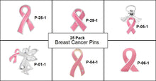 Load image into Gallery viewer, 25 Pack Pink Ribbon Pins for Breast Cancer Awareness - Pick Your Style - The Awareness Company