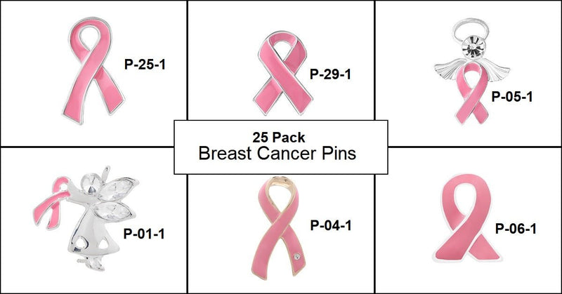 25 Pack Pink Ribbon Pins for Breast Cancer Awareness - Pick Your Style - The Awareness Company