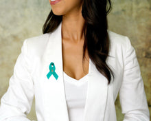 Load image into Gallery viewer, 25 Pack Satin Teal Ribbon Pins for Ovarian Cancer, PTSD, Rape - The Awareness Company