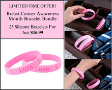 Load image into Gallery viewer, 25 Pink Breast Cancer Silicone Bracelets - The Awareness Company